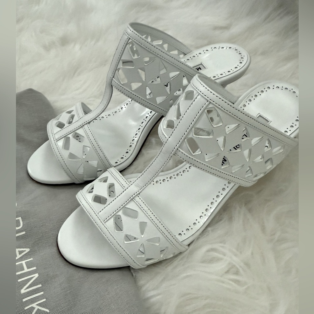 Manolo Blahnik Sophocles Perforated Dual-Band Slide Sandals - Picture 3 of 5